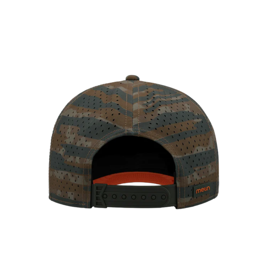 Camouflage-patterned pet bed with orange interior on a white background