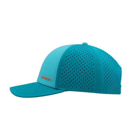 Blue perforated cap with a brand logo on a white background
