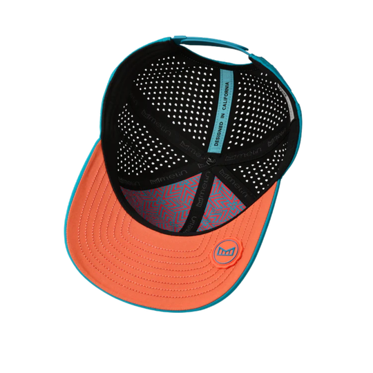 Orange and black cap with mesh back on a white background