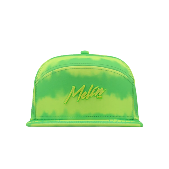 Green tie-dye cap with 'Melin' branding on a white background