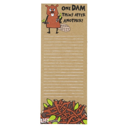 Notepad with cartoon beaver design and text on a white background