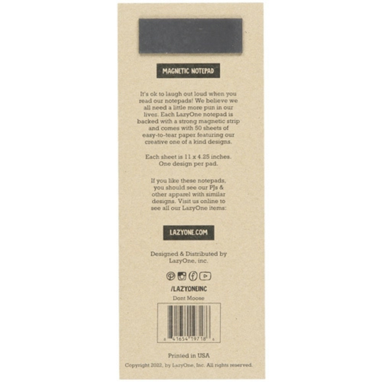 Back of a magnetic notepad packaging with text and branding information.