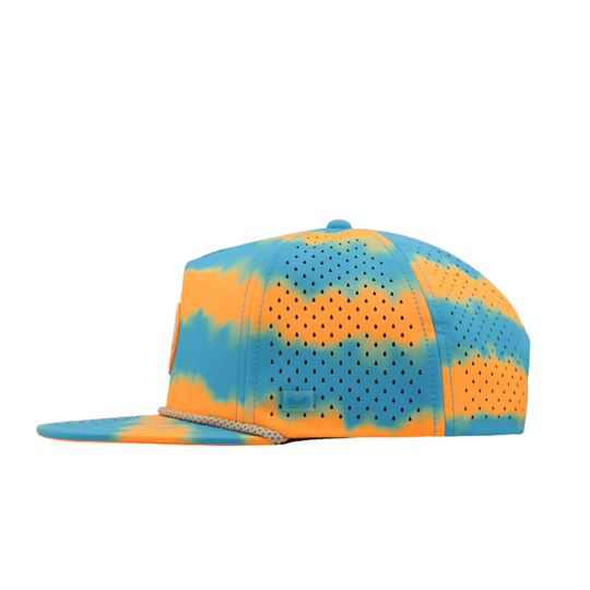 Tie-dye cap with blue and orange pattern on a white background