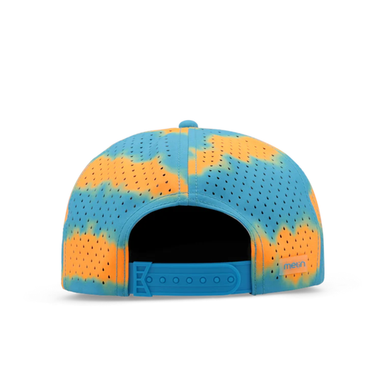 Colorful tie-dye cap with blue and orange pattern on a white background