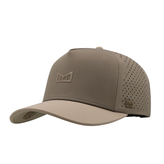 Brown baseball cap with a logo on a white background