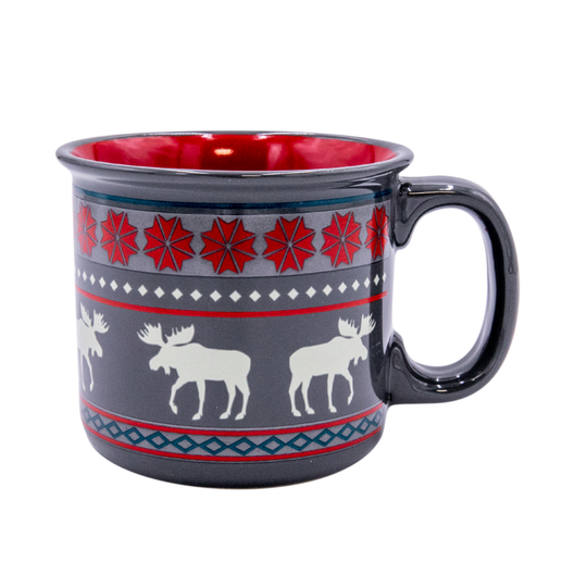 Gray mug with red interior, moose design, and pattern on a white background