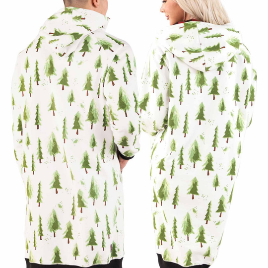 Two people wearing hoodies with green tree pattern on a white background