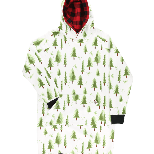 Hooded jacket with green tree pattern on a white background