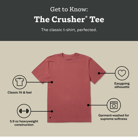 Red t-shirt with features labeled on a beige background