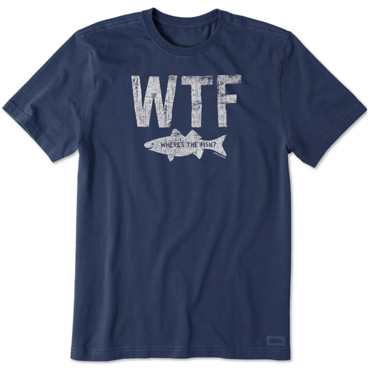 Navy blue t-shirt with 'WTF Where's the Fish?' graphic on a white background