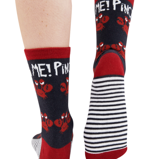 Pair of socks with lobster design and striped pattern on a white background