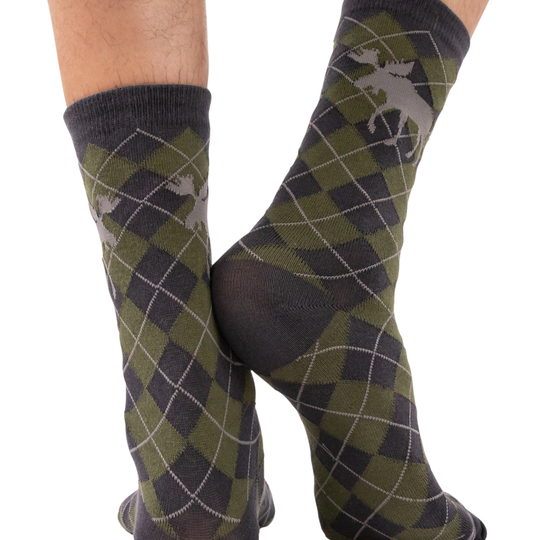 Green and gray argyle patterned socks on a white background