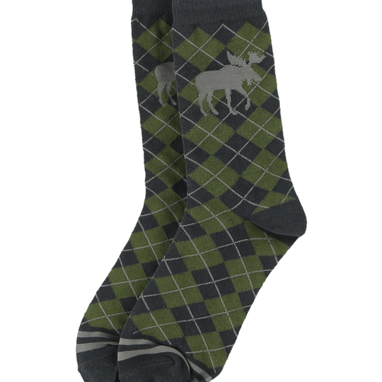 Green and gray argyle pattern sock with a moose design on a white background