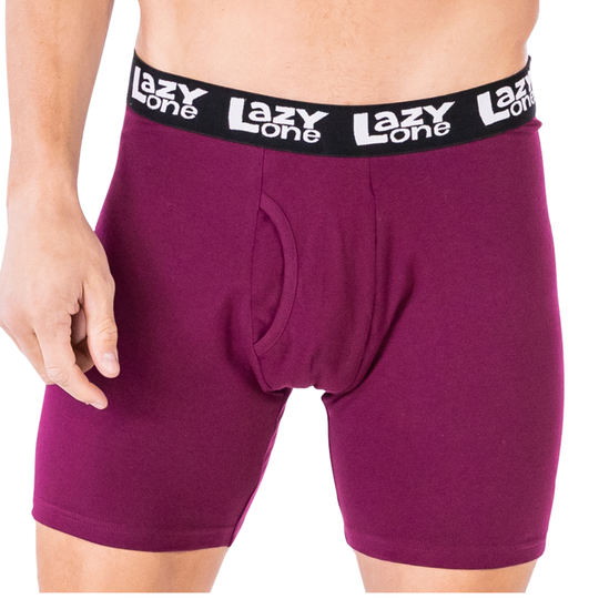 Purple boxer briefs with a black waistband featuring 'Lazy One' branding on a white background.