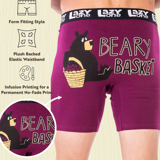 Purple underwear with bear graphic and 'Beary Basket' text, featuring Lazy One branding.