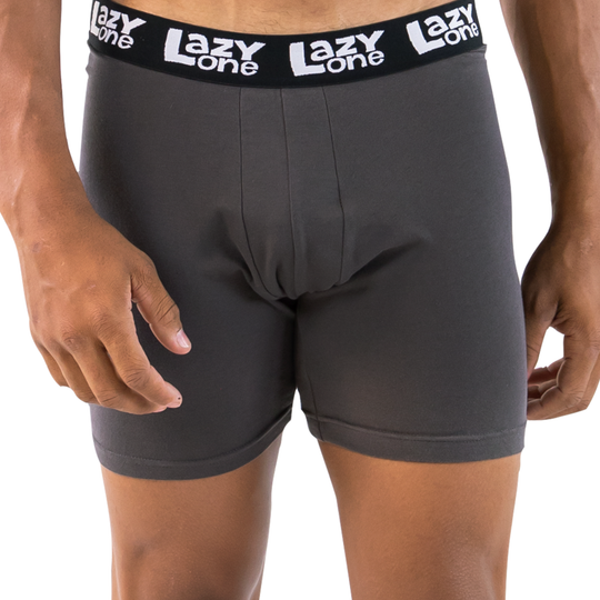 Gray boxer briefs with a black waistband featuring 'Lazy One' branding on a white background.