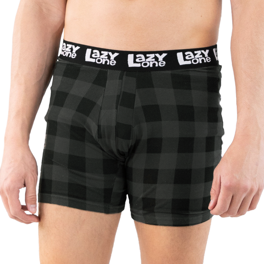Black checkered boxer briefs with 'Lazy One' waistband on a white background