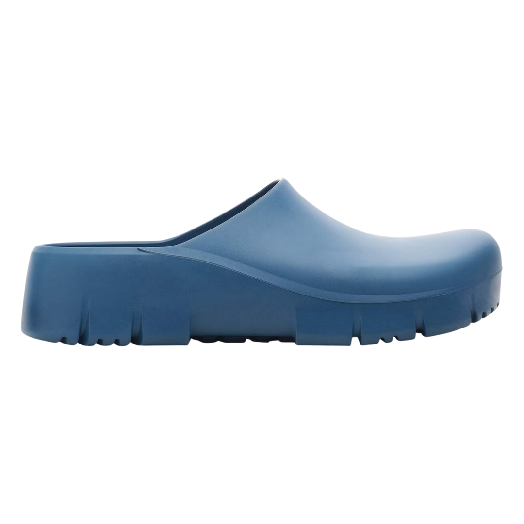 Blue rubber clog shoe on a white background