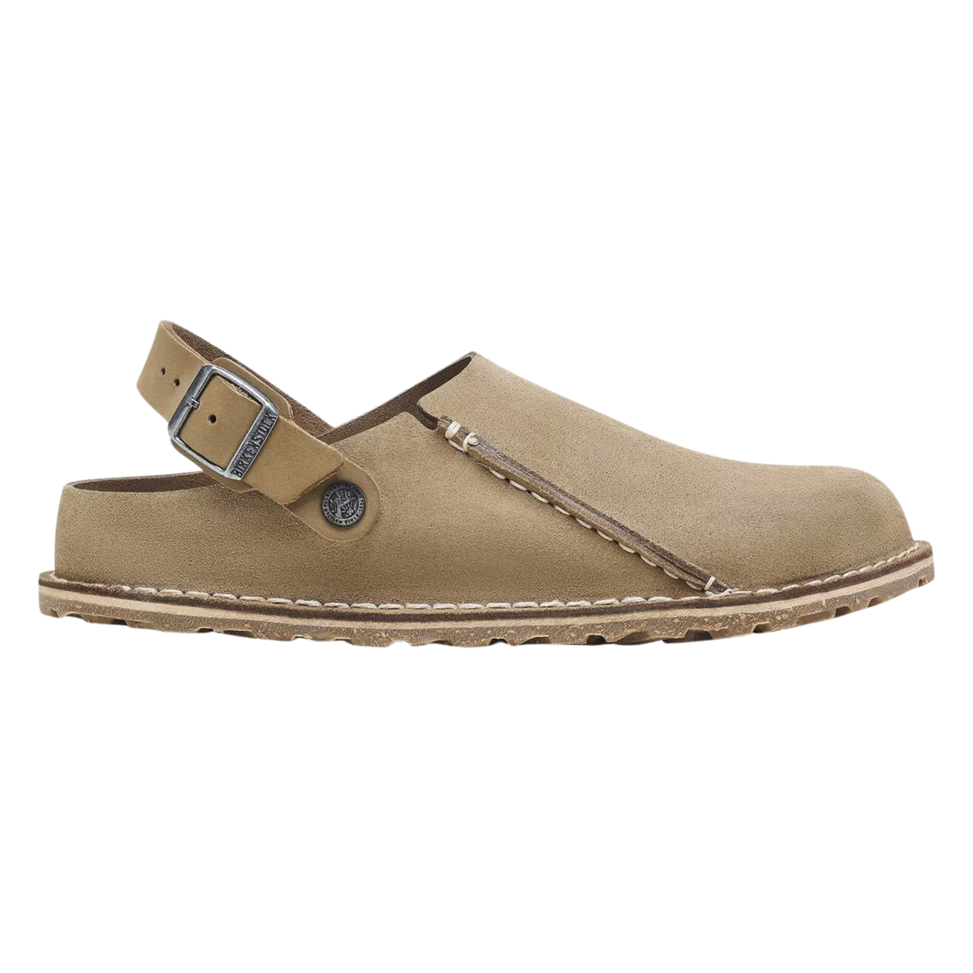 Brown leather shoe with a strap on a white background