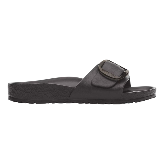 Black sandal with a strap on a white background