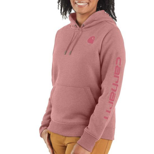 Person wearing a pink hoodie with a visible brand logo on a white background