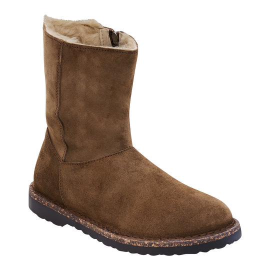 Brown suede boot with fur lining on a white background