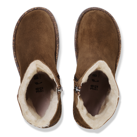 Pair of brown suede boots with white fur lining on a white background