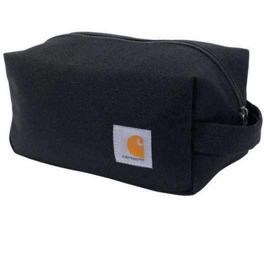 Black toiletry bag with Carhartt logo on a white background