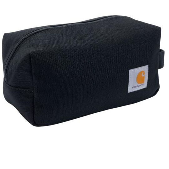 Black toiletry bag with Carhartt logo on a white background