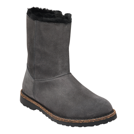 Gray winter boot with black fur lining on a white background