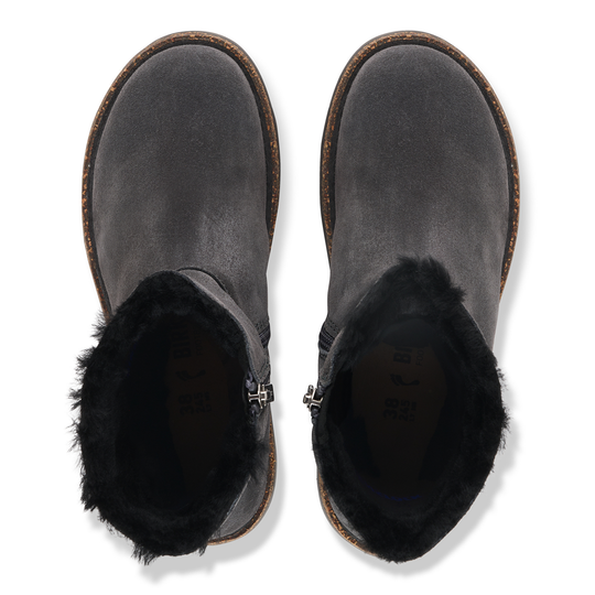 Pair of gray suede boots with black fur trim on a white background