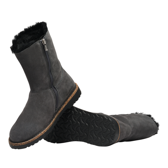 Pair of gray ankle boots with fur lining on a white background