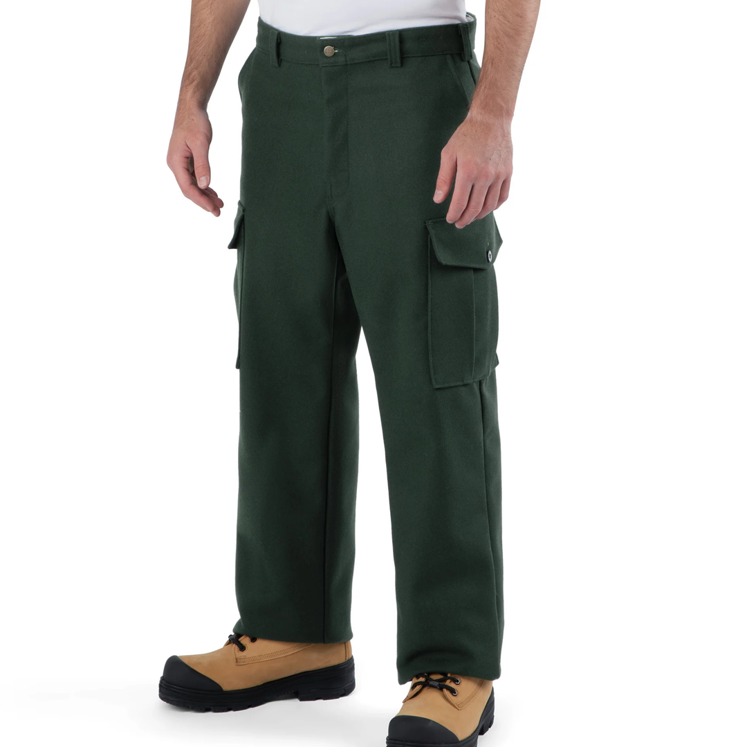 Green cargo pants worn by a person on a white background