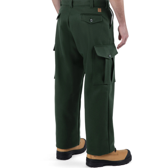 Green cargo pants worn by a person on a white background