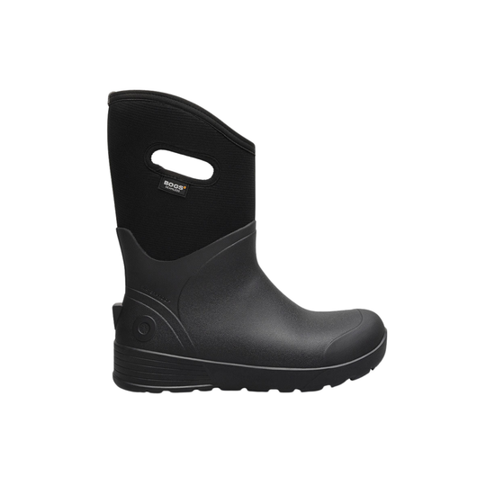 Black rubber boot with a visible brand logo on a white background