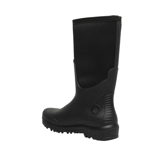 Black rubber boot on a white background