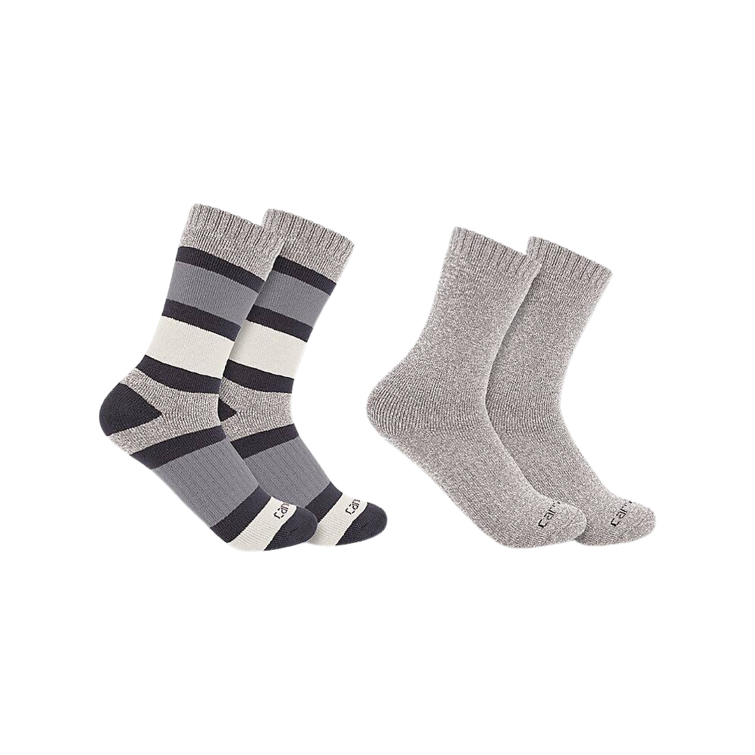 Two pairs of socks, one with a striped pattern and the other solid gray, on a white background.
