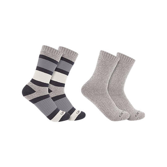Two pairs of socks, one with a striped pattern and the other solid gray, on a white background.