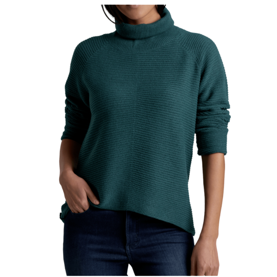 Teal sweater worn by a person on a white background