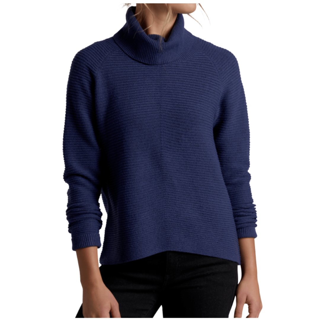 Navy blue sweater worn by a person on a white background
