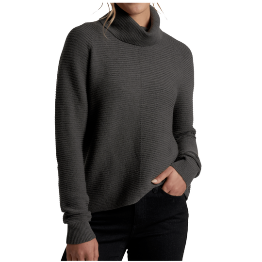 Person wearing a dark gray turtleneck sweater on a white background