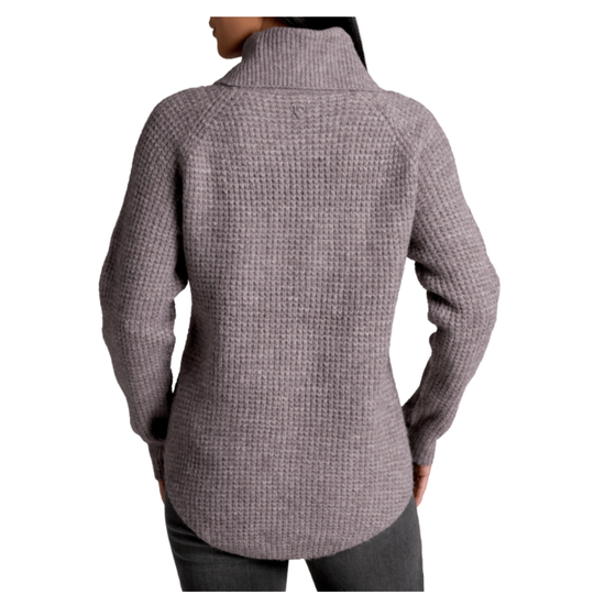 Gray textured sweater worn by a person on a white background