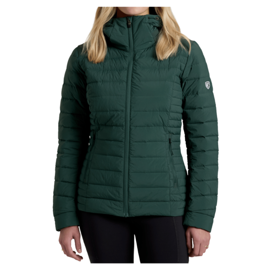 Green puffer jacket worn by a person on a white background