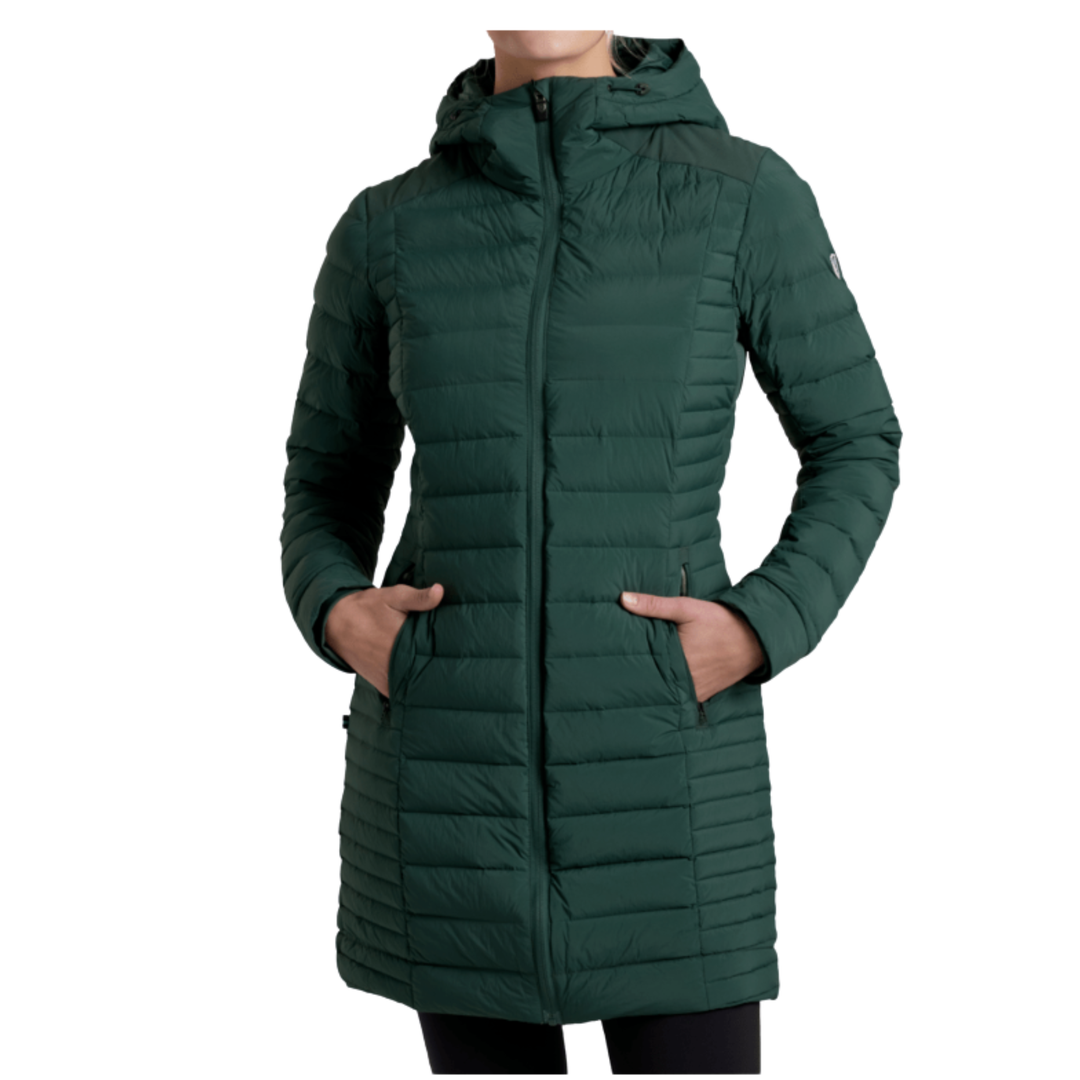 Green puffer coat on a white background