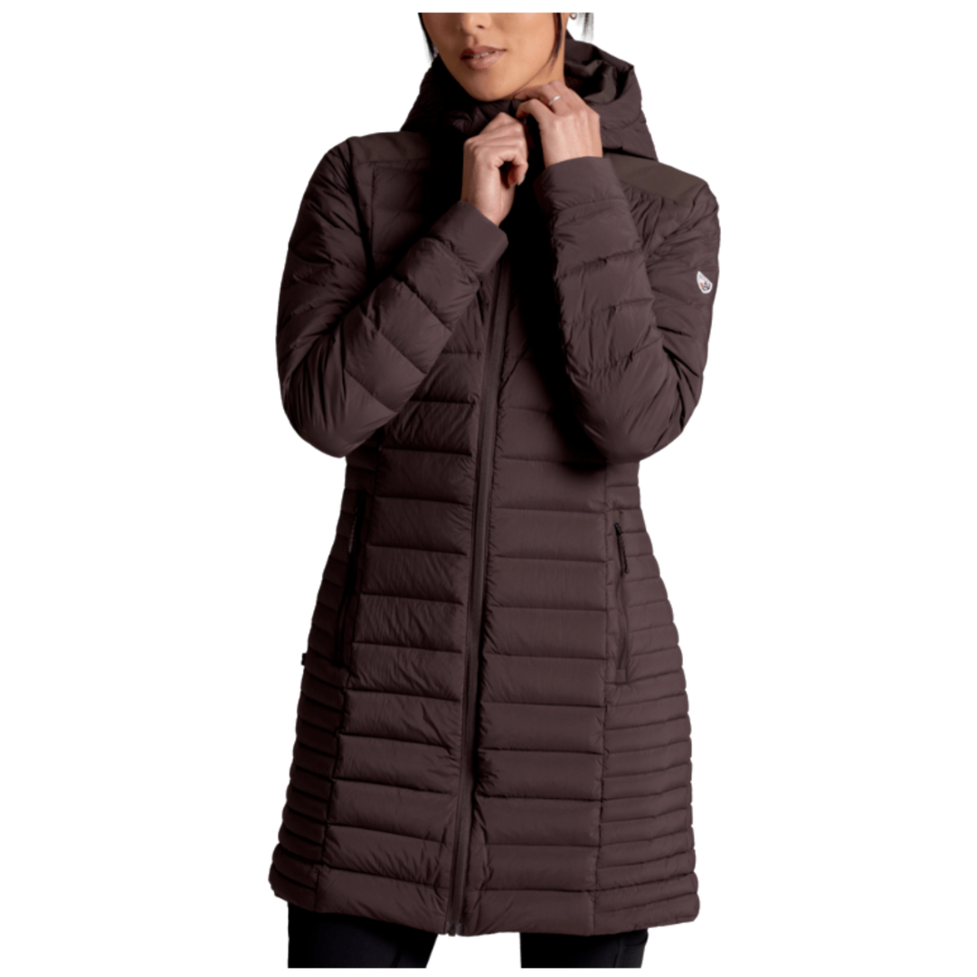 Brown puffer coat worn by a person on a white background