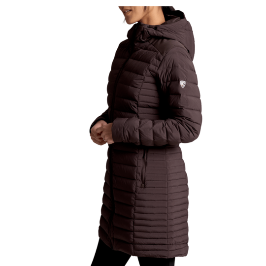 Brown puffer coat worn by a person on a white background