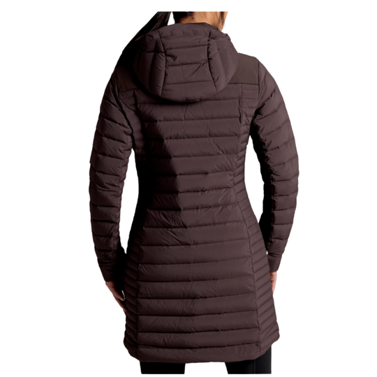 Brown puffer jacket worn by a person on a white background