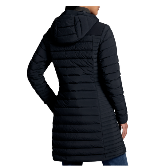 Black quilted jacket with a hood on a white background