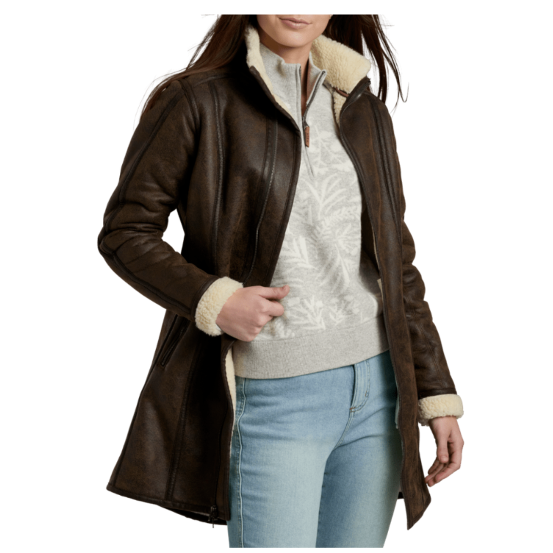 Brown leather coat with white fur lining worn by a person on a white background