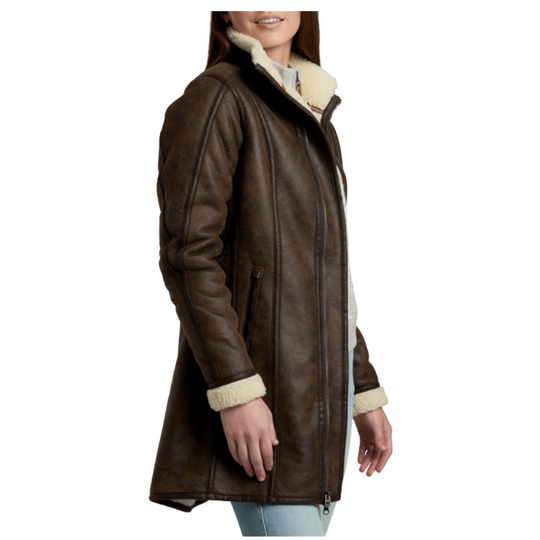 Brown leather coat with cream lining worn by a person on a white background